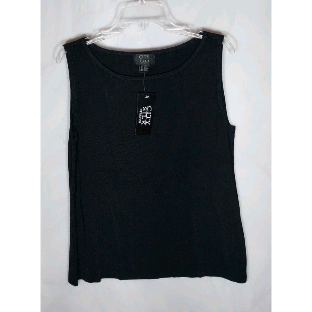City Silk Tank Top XL Black Textured Stretch Knit Sleeveless Blouse NWT Classic